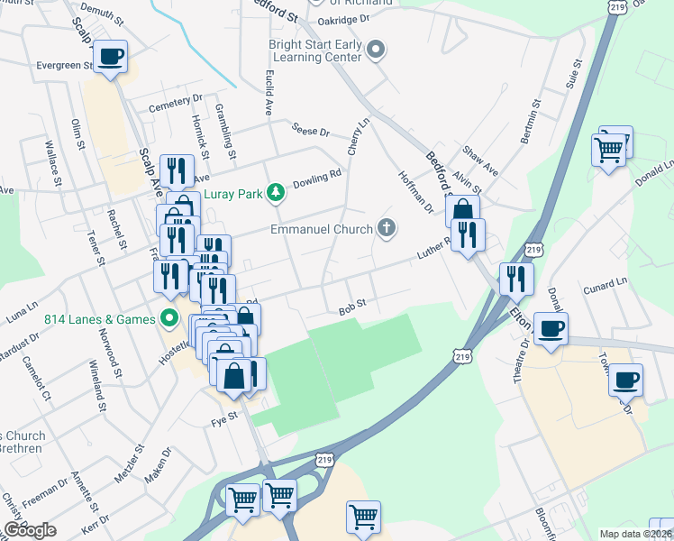 map of restaurants, bars, coffee shops, grocery stores, and more near 200 Cherry Lane in Johnstown