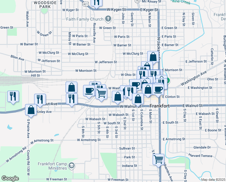 map of restaurants, bars, coffee shops, grocery stores, and more near 508 West Clinton Street in Frankfort