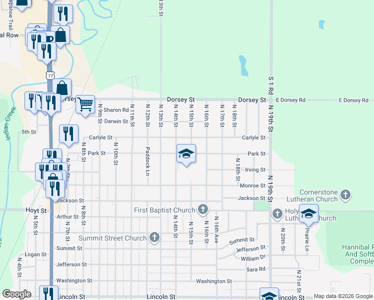 map of restaurants, bars, coffee shops, grocery stores, and more near 1505 North 15th Street in Beatrice