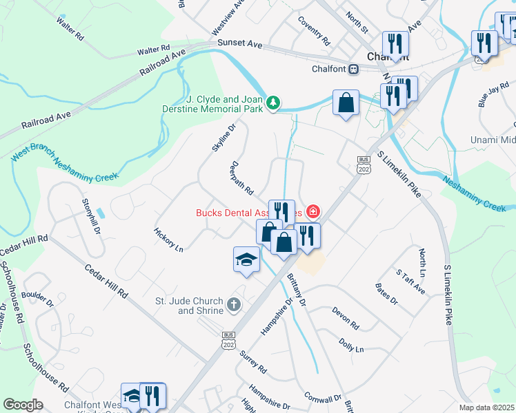 map of restaurants, bars, coffee shops, grocery stores, and more near 11 Deerpath Road in Chalfont