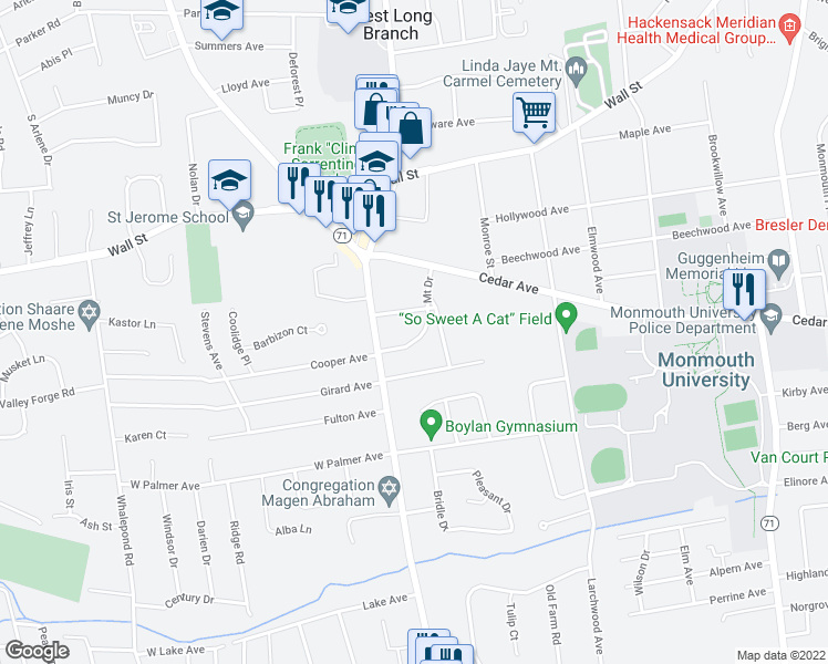 map of restaurants, bars, coffee shops, grocery stores, and more near 33 Mount Drive in West Long Branch