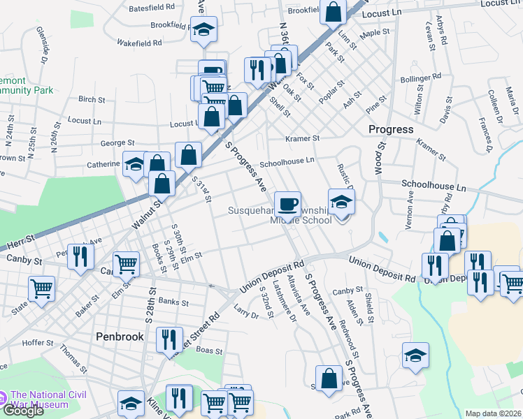 map of restaurants, bars, coffee shops, grocery stores, and more near 3216 Earle Street in Harrisburg