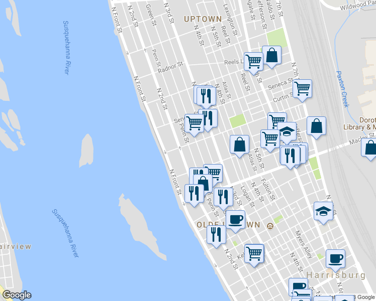 map of restaurants, bars, coffee shops, grocery stores, and more near 2242 Penn Street in Harrisburg