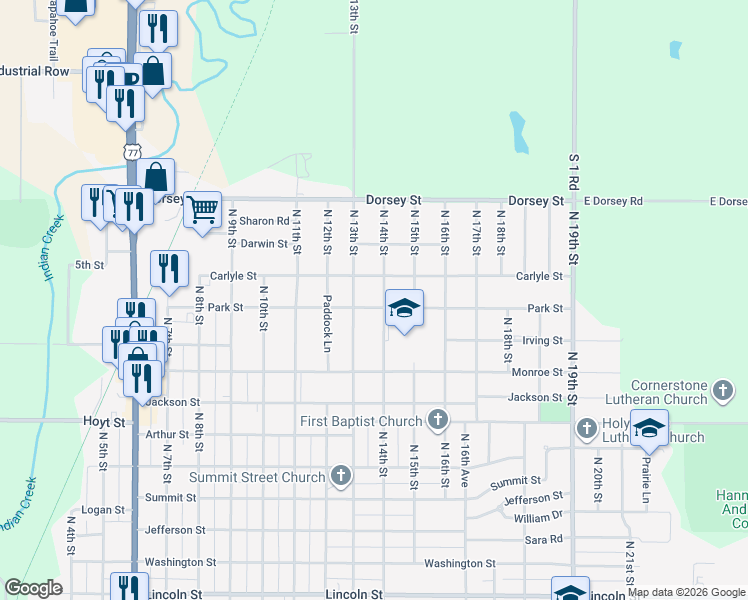 map of restaurants, bars, coffee shops, grocery stores, and more near 1320 Park Street in Beatrice