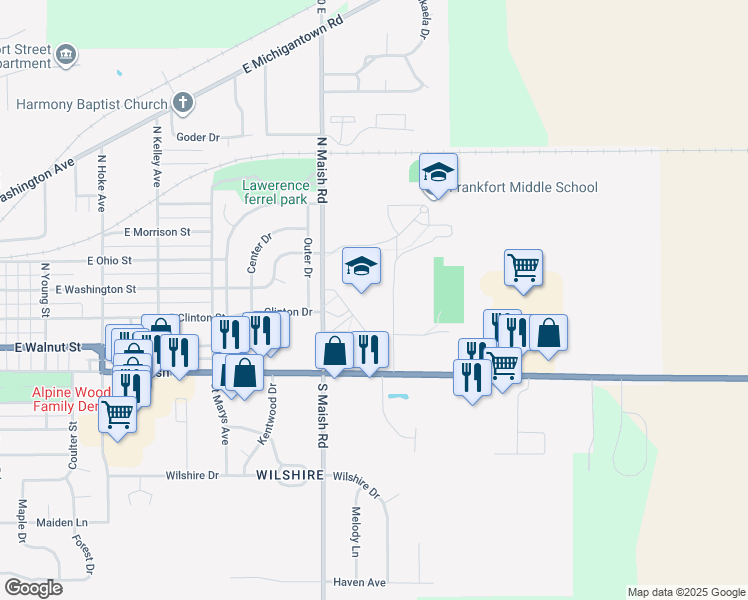 map of restaurants, bars, coffee shops, grocery stores, and more near 1 South Maish Road in Frankfort