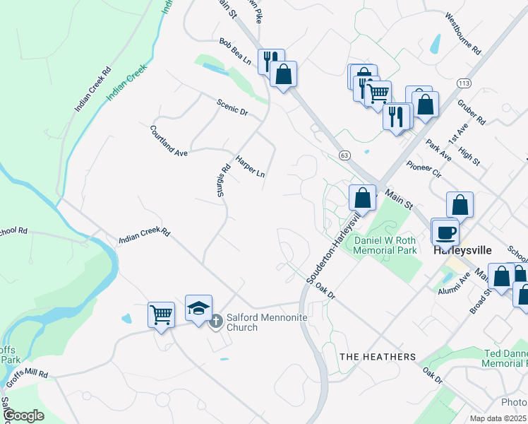 map of restaurants, bars, coffee shops, grocery stores, and more near 112 Cobblestone Drive in Harleysville