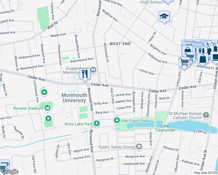 map of restaurants, bars, coffee shops, grocery stores, and more near 366 Cedar Avenue in Long Branch