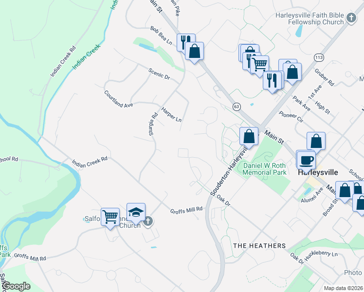 map of restaurants, bars, coffee shops, grocery stores, and more near in Harleysville