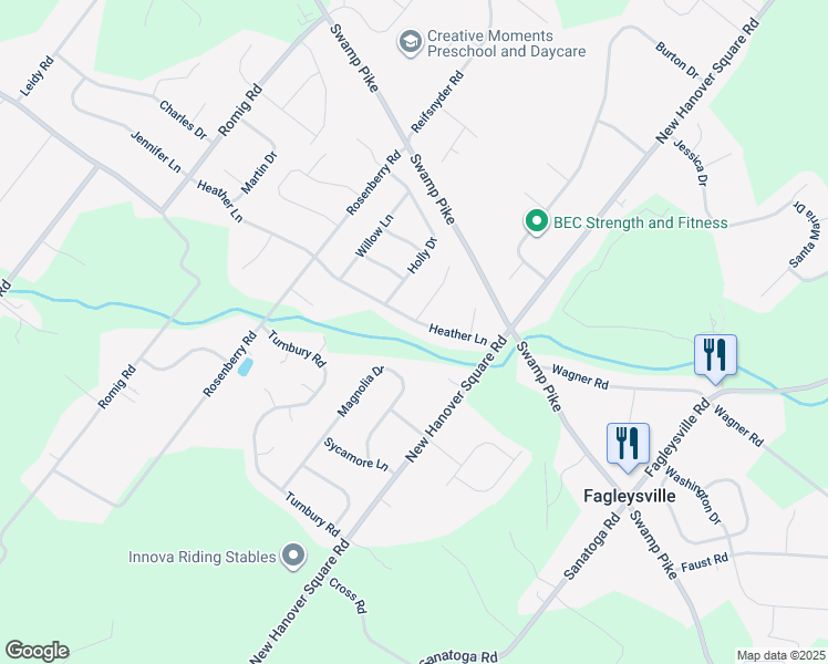 map of restaurants, bars, coffee shops, grocery stores, and more near 2356 Heather Lane in Gilbertsville