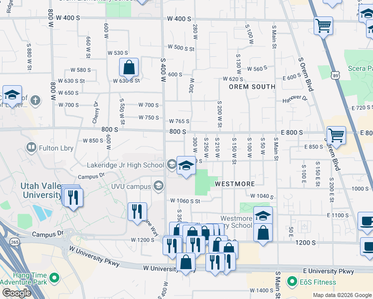 map of restaurants, bars, coffee shops, grocery stores, and more near 865 South 325 West in Orem