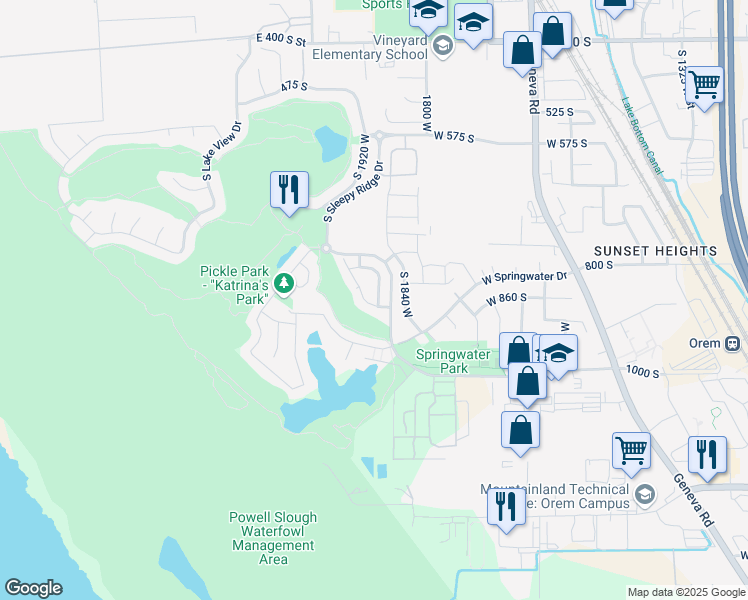 map of restaurants, bars, coffee shops, grocery stores, and more near 1904 West Fox Trail Lane in Orem