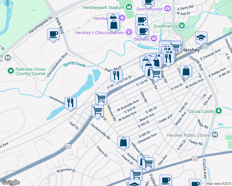 map of restaurants, bars, coffee shops, grocery stores, and more near 523 West Caracas Avenue in Hershey