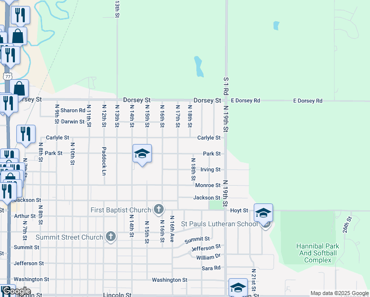 map of restaurants, bars, coffee shops, grocery stores, and more near 1700 Park Street in Beatrice