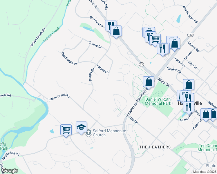 map of restaurants, bars, coffee shops, grocery stores, and more near 112 Cobblestone Drive in Harleysville