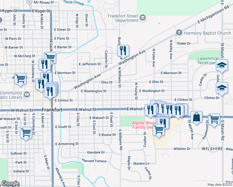 map of restaurants, bars, coffee shops, grocery stores, and more near 908 East Clinton Street in Frankfort