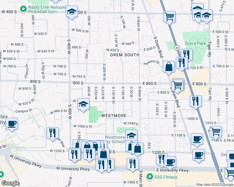 map of restaurants, bars, coffee shops, grocery stores, and more near 148 West 850 South in Orem