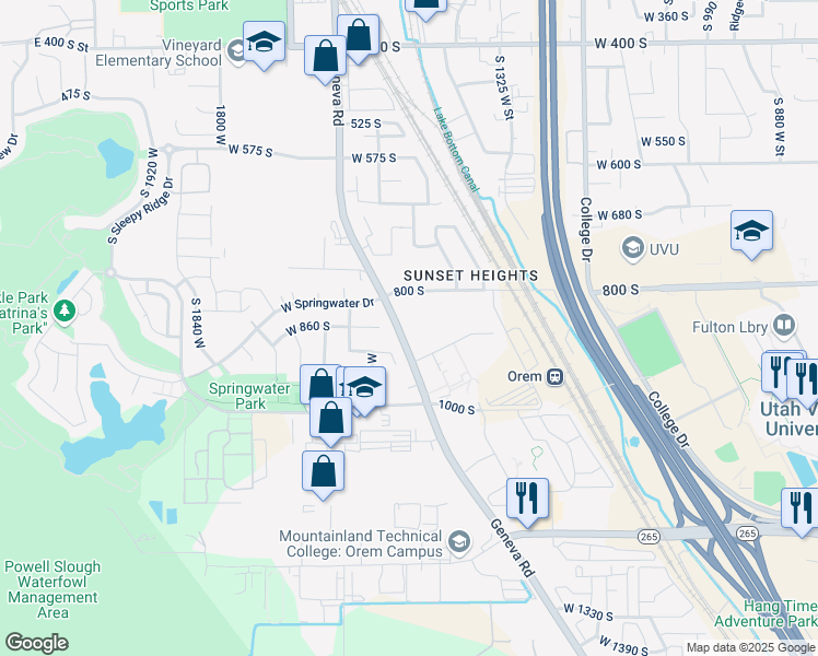 map of restaurants, bars, coffee shops, grocery stores, and more near 897 South Geneva Road in Orem