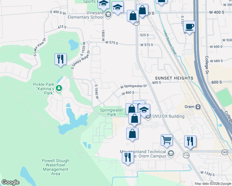 map of restaurants, bars, coffee shops, grocery stores, and more near 857 Artesia Road in Orem