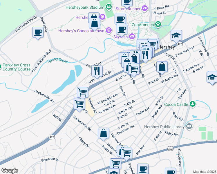 map of restaurants, bars, coffee shops, grocery stores, and more near 459 West Caracas Avenue in Hershey