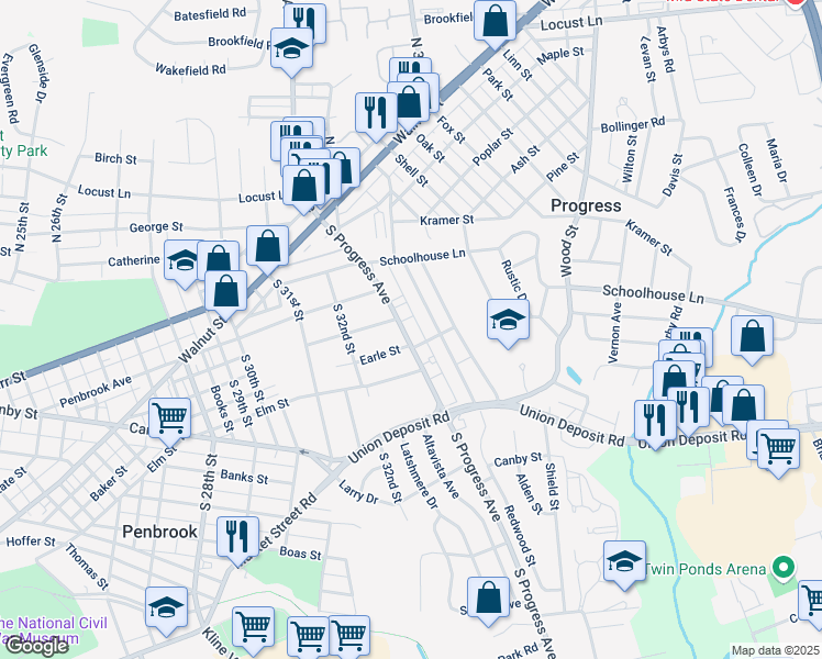 map of restaurants, bars, coffee shops, grocery stores, and more near 300 South Progress Avenue in Harrisburg