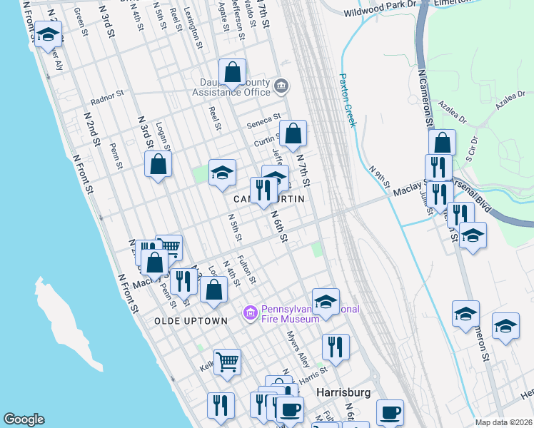 map of restaurants, bars, coffee shops, grocery stores, and more near 2127 Moore Street in Harrisburg