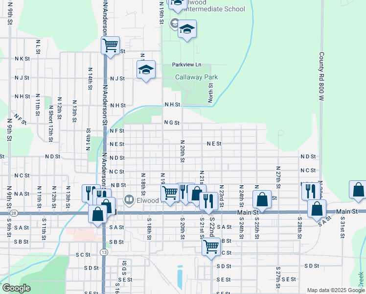 map of restaurants, bars, coffee shops, grocery stores, and more near 2008 North D Street in Elwood