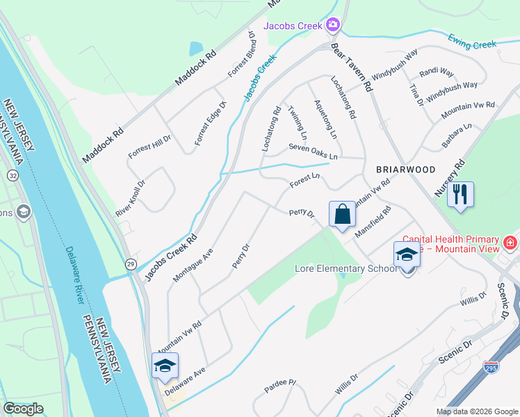 map of restaurants, bars, coffee shops, grocery stores, and more near 46 Perry Drive in Trenton