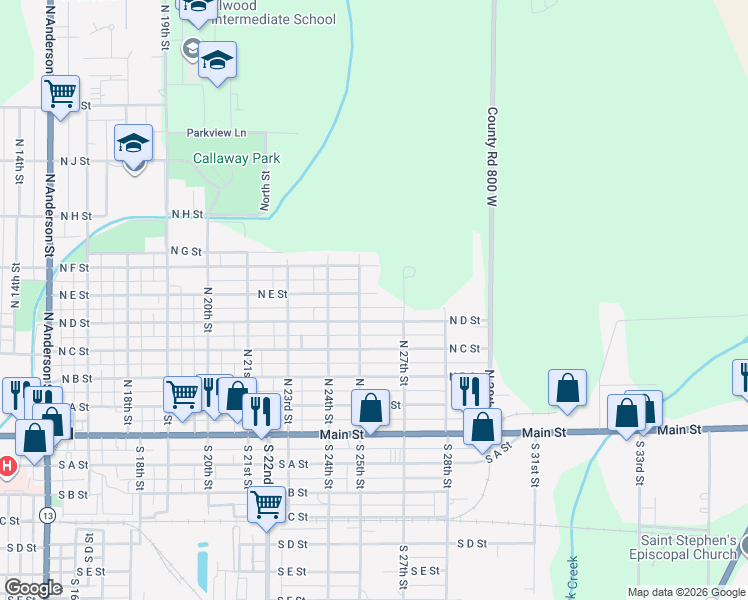 map of restaurants, bars, coffee shops, grocery stores, and more near 2426 North D Street in Elwood