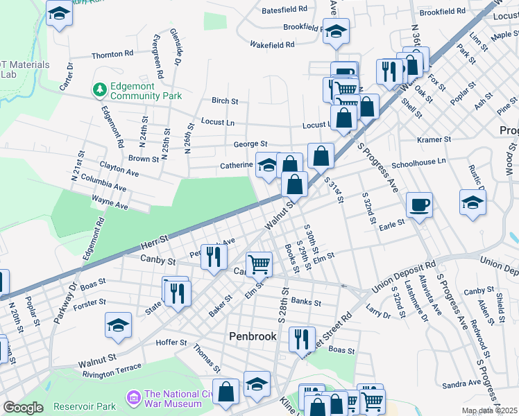 map of restaurants, bars, coffee shops, grocery stores, and more near 2743 Herr Street in Harrisburg
