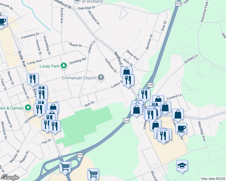 map of restaurants, bars, coffee shops, grocery stores, and more near 499 Bob Street in Johnstown