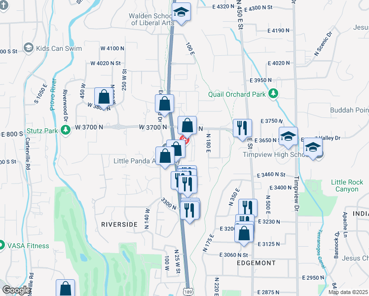 map of restaurants, bars, coffee shops, grocery stores, and more near 3575 100 East in Provo