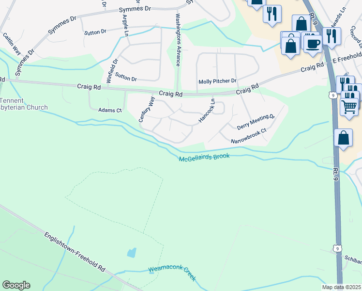 map of restaurants, bars, coffee shops, grocery stores, and more near 225 Century Way in Manalapan Township