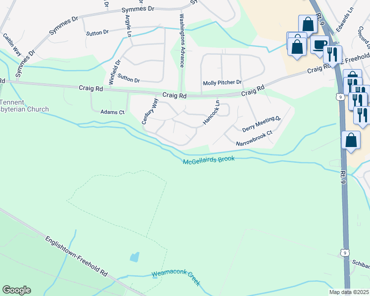 map of restaurants, bars, coffee shops, grocery stores, and more near 225 Century Way in Manalapan Township