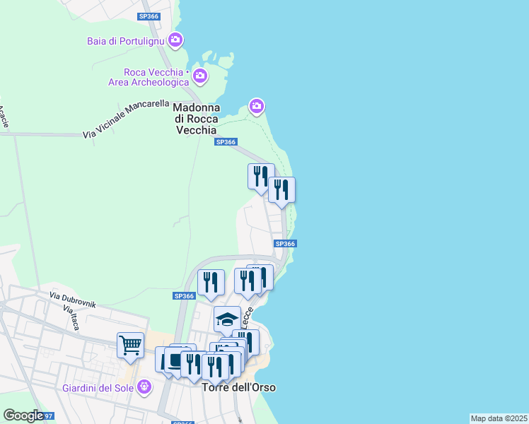 map of restaurants, bars, coffee shops, grocery stores, and more near 8 Via Francesco Petrarca in Torre Dell'Orso