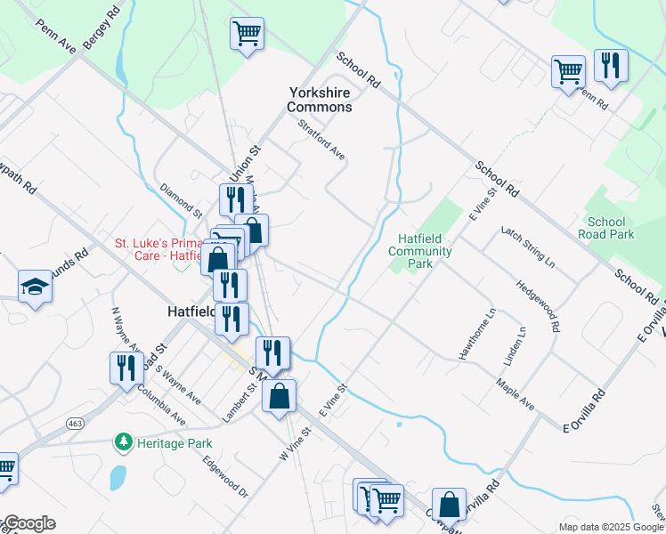 map of restaurants, bars, coffee shops, grocery stores, and more near 2058 Maple Avenue in Hatfield