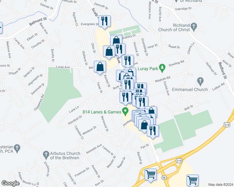 map of restaurants, bars, coffee shops, grocery stores, and more near 310 Chrysler Avenue in Johnstown