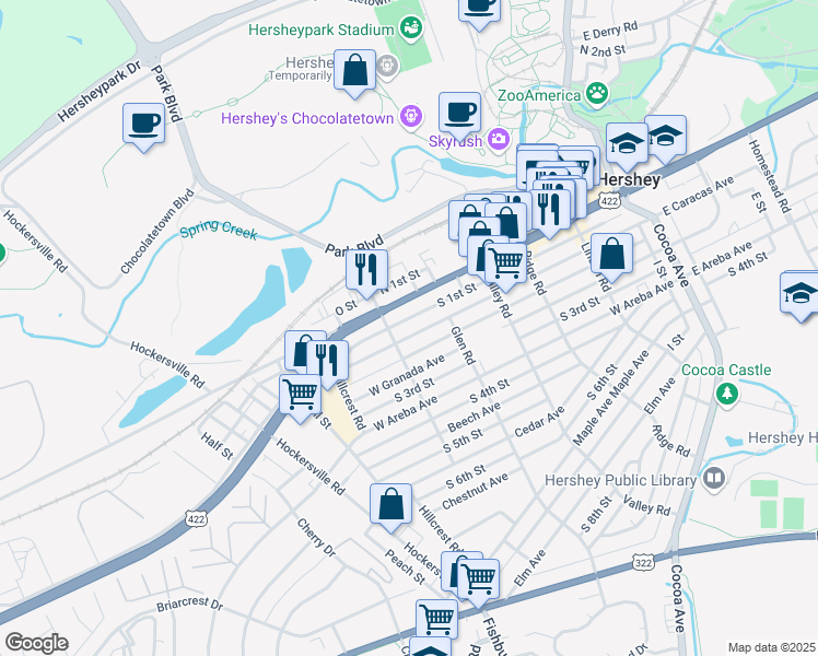 map of restaurants, bars, coffee shops, grocery stores, and more near 455 West Caracas Avenue in Hershey