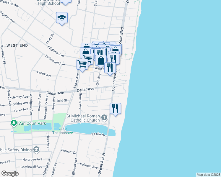 map of restaurants, bars, coffee shops, grocery stores, and more near 2 Waterview in Long Branch