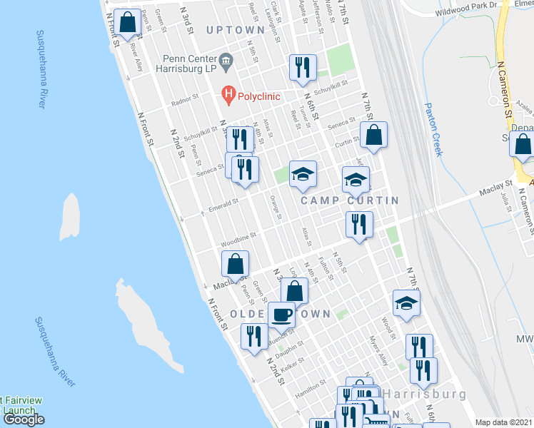 map of restaurants, bars, coffee shops, grocery stores, and more near 2214 Logan Street in Harrisburg