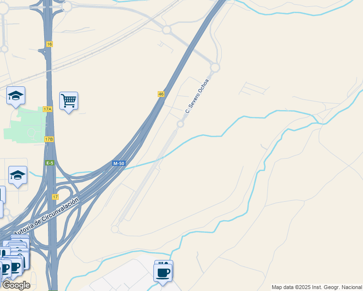 map of restaurants, bars, coffee shops, grocery stores, and more near 28 Calle Severo Ochoa in Getafe
