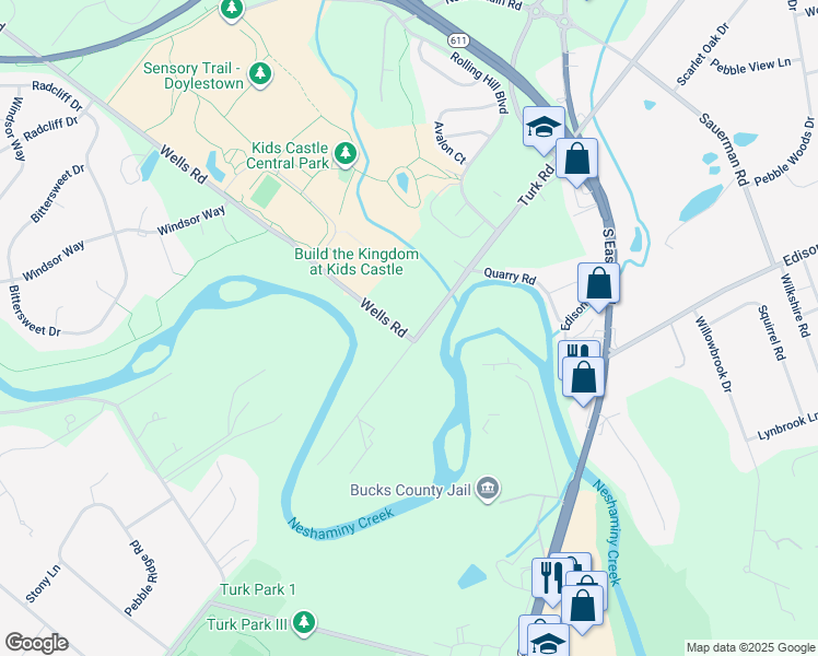 map of restaurants, bars, coffee shops, grocery stores, and more near 1800 Turk Road in Doylestown