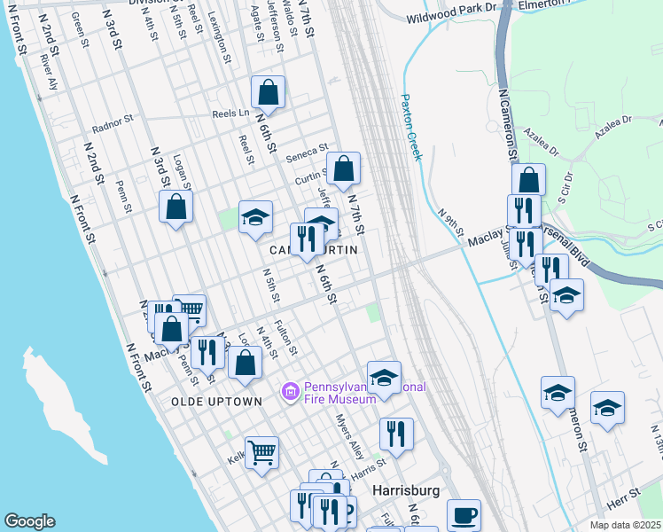map of restaurants, bars, coffee shops, grocery stores, and more near 603 Forrest Street in Harrisburg