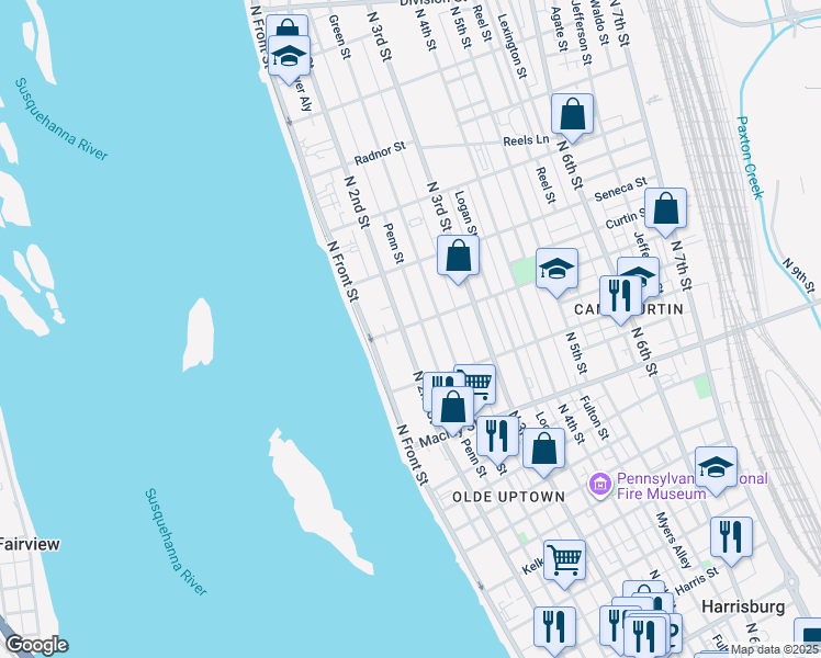 map of restaurants, bars, coffee shops, grocery stores, and more near 2221 Penn Street in Harrisburg