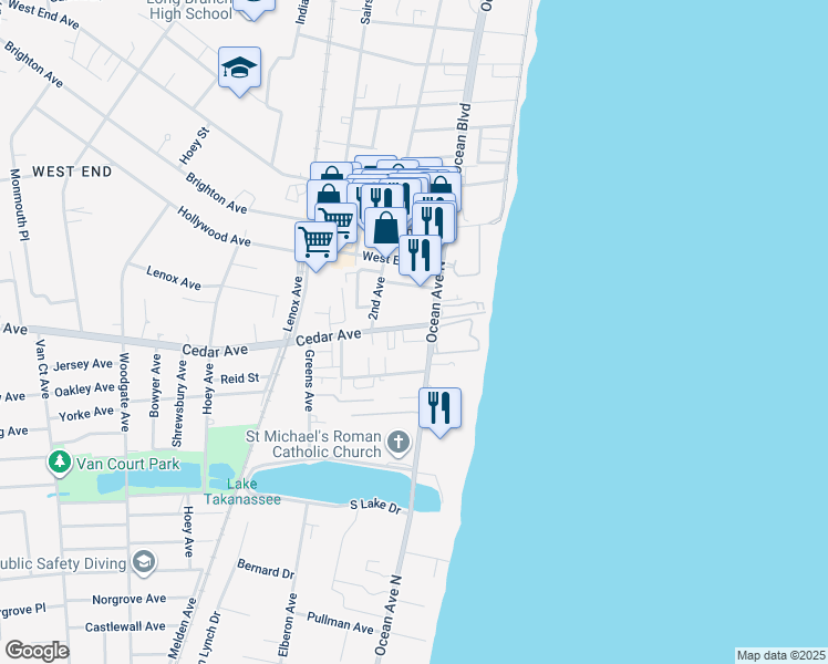 map of restaurants, bars, coffee shops, grocery stores, and more near 36 Cedar Avenue in Long Branch