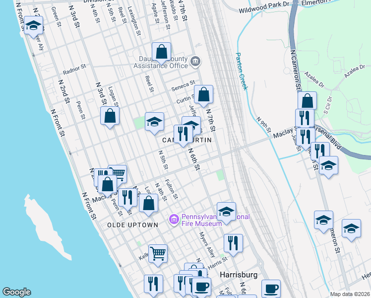 map of restaurants, bars, coffee shops, grocery stores, and more near 2127 Moore Street in Harrisburg