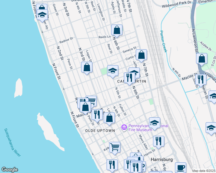 map of restaurants, bars, coffee shops, grocery stores, and more near in Harrisburg