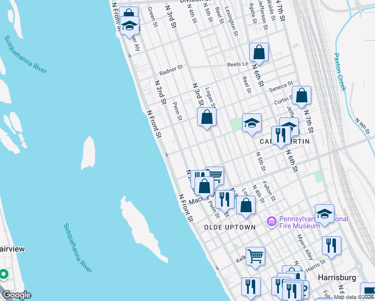 map of restaurants, bars, coffee shops, grocery stores, and more near 2221 Penn Street in Harrisburg