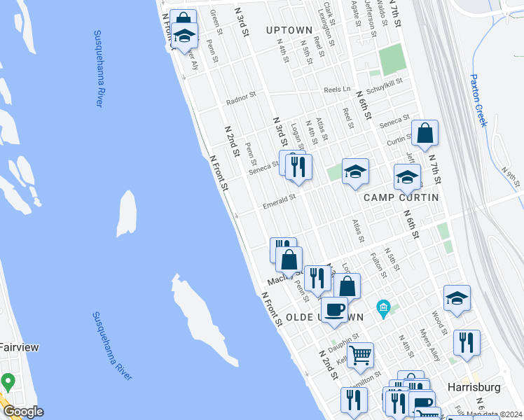 map of restaurants, bars, coffee shops, grocery stores, and more near 2221 Penn Street in Harrisburg