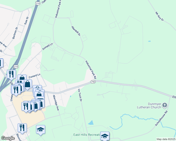 map of restaurants, bars, coffee shops, grocery stores, and more near 111 Industrial Park Road in Johnstown