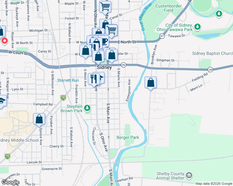 map of restaurants, bars, coffee shops, grocery stores, and more near 428 South Main Avenue in Sidney